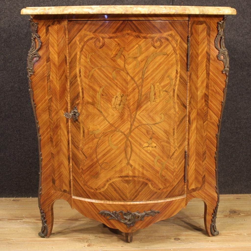 20th Century Inlaid Wood with Marble Top French Corner Cabinet, 1960 In Good Condition In Vicoforte, Piedmont