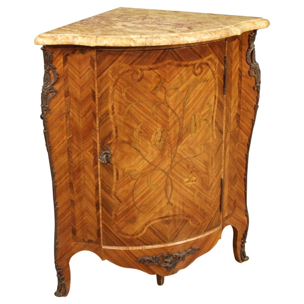 20th Century Inlaid Wood with Marble Top French Corner Cabinet, 1960