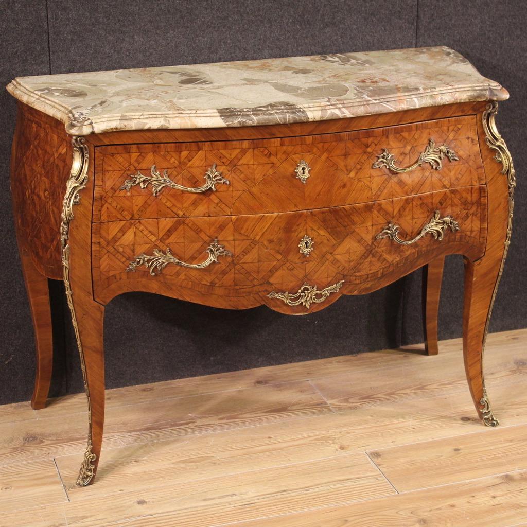 Marbre commode de style Louis XV en bois marqueté du 20e siècle, 1920