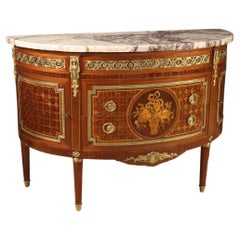 Antique 20th Century Inlaid Wood with Marble Top French Louis XVI Style Demilune Commode