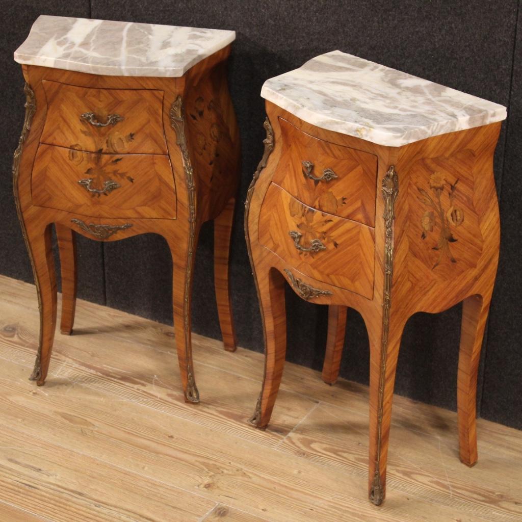 20th Century Inlaid Wood with Marble Top French Night Stands, 1960 In Good Condition In Vicoforte, Piedmont