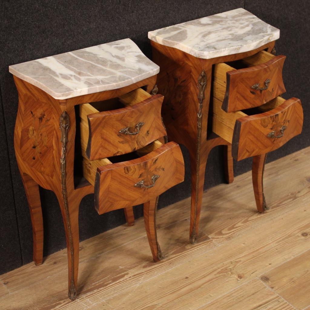 Bronze 20th Century Inlaid Wood with Marble Top French Night Stands, 1960