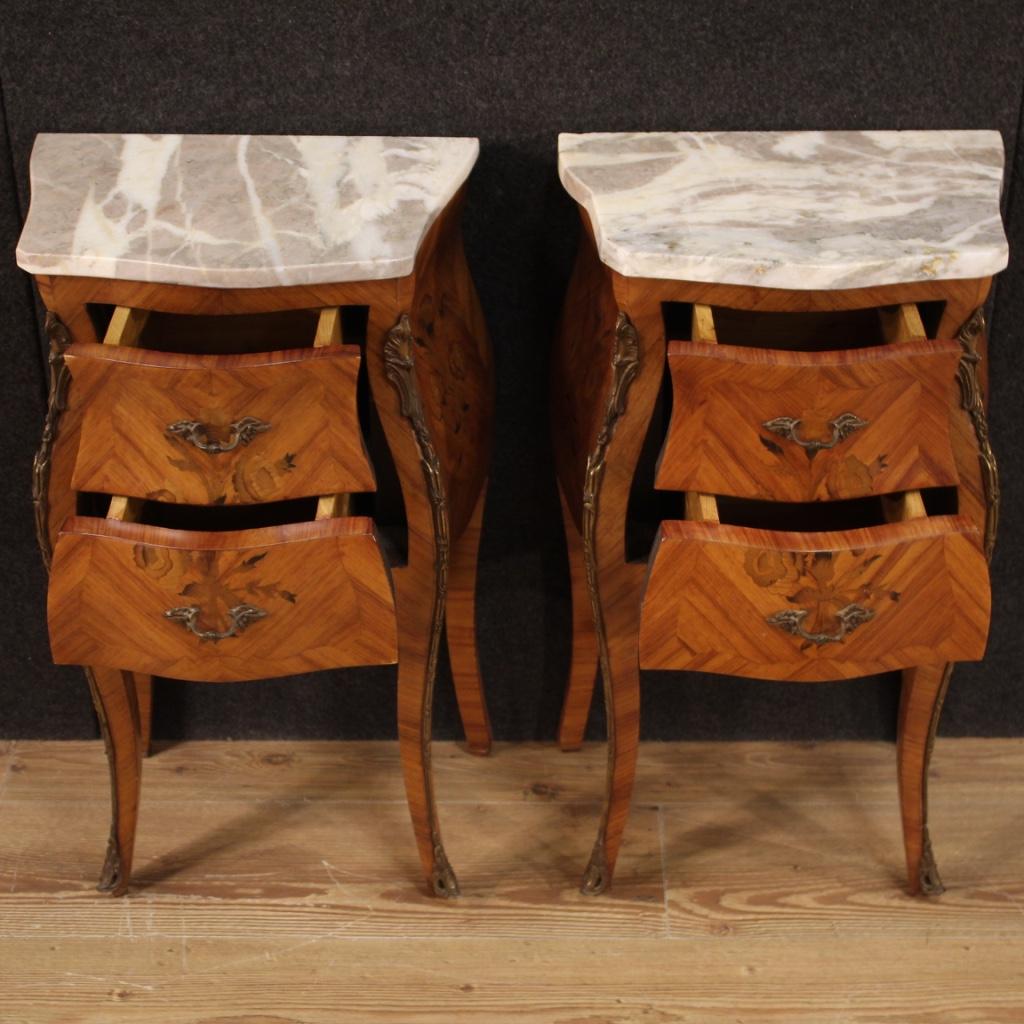 20th Century Inlaid Wood with Marble Top French Night Stands, 1960 1