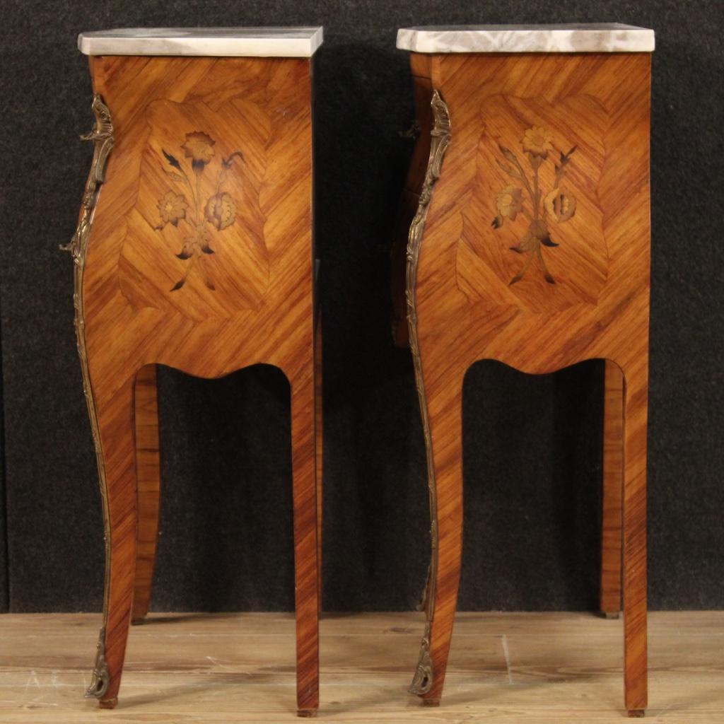 20th Century Inlaid Wood with Marble Top French Night Stands, 1960 2