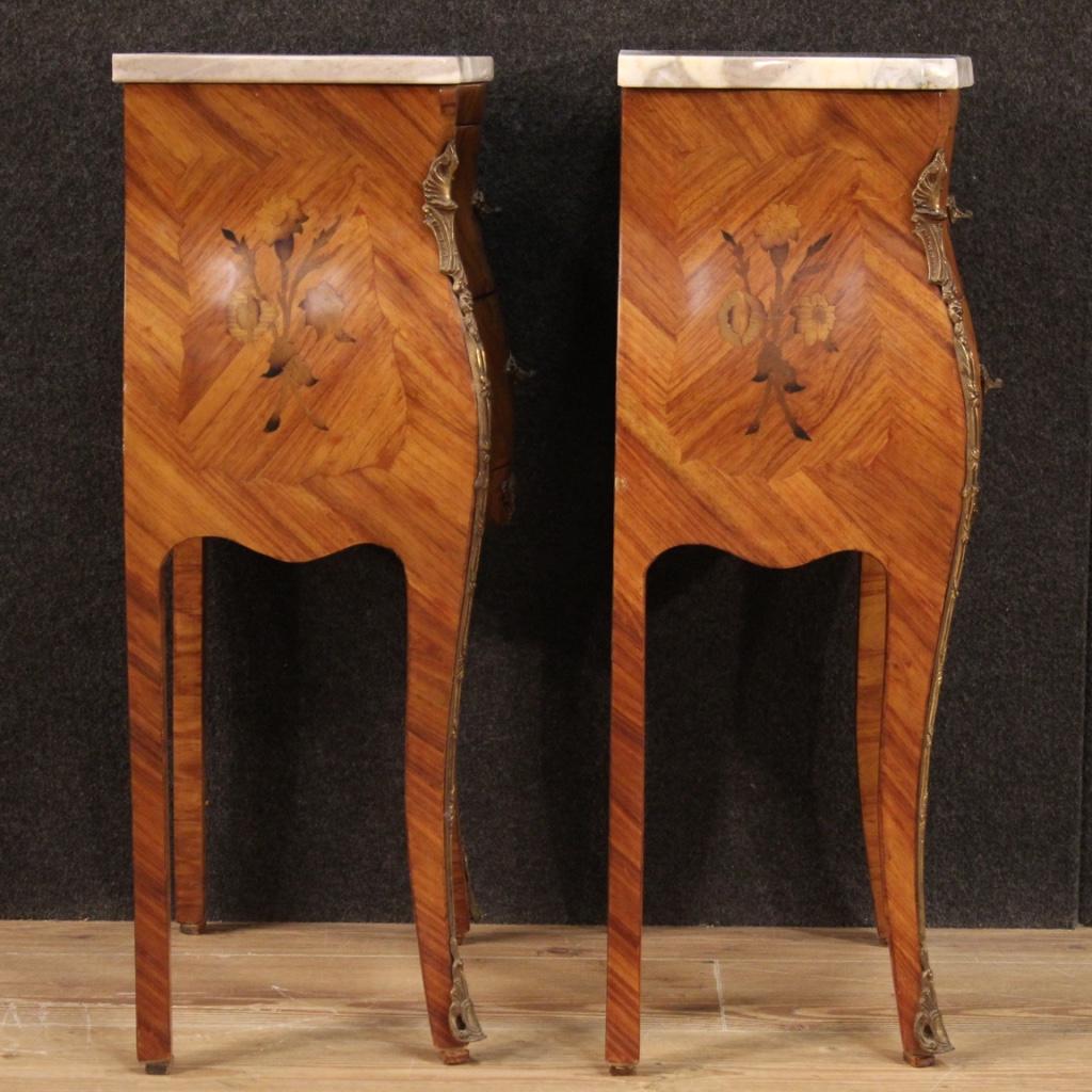 20th Century Inlaid Wood with Marble Top French Night Stands, 1960 4