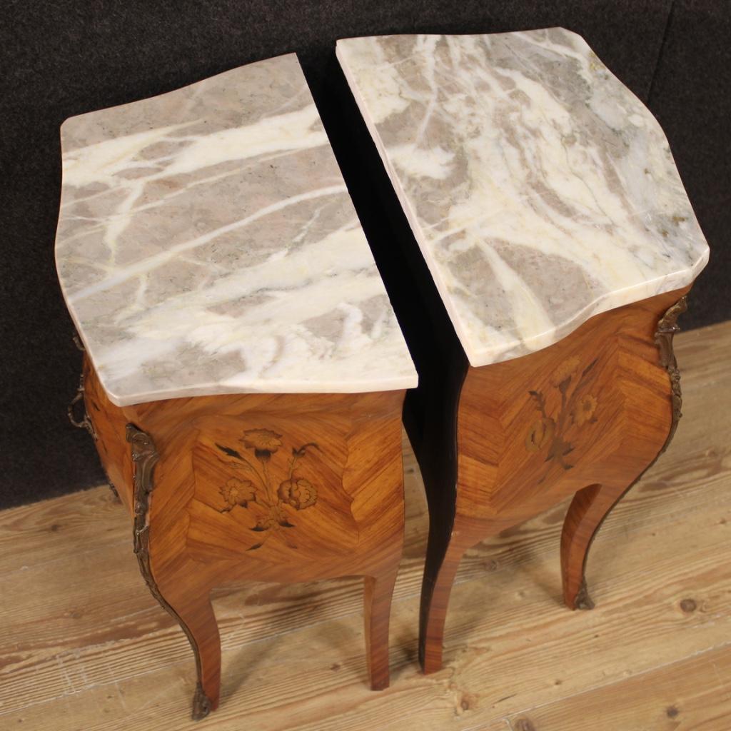 20th Century Inlaid Wood with Marble Top French Night Stands, 1960 5