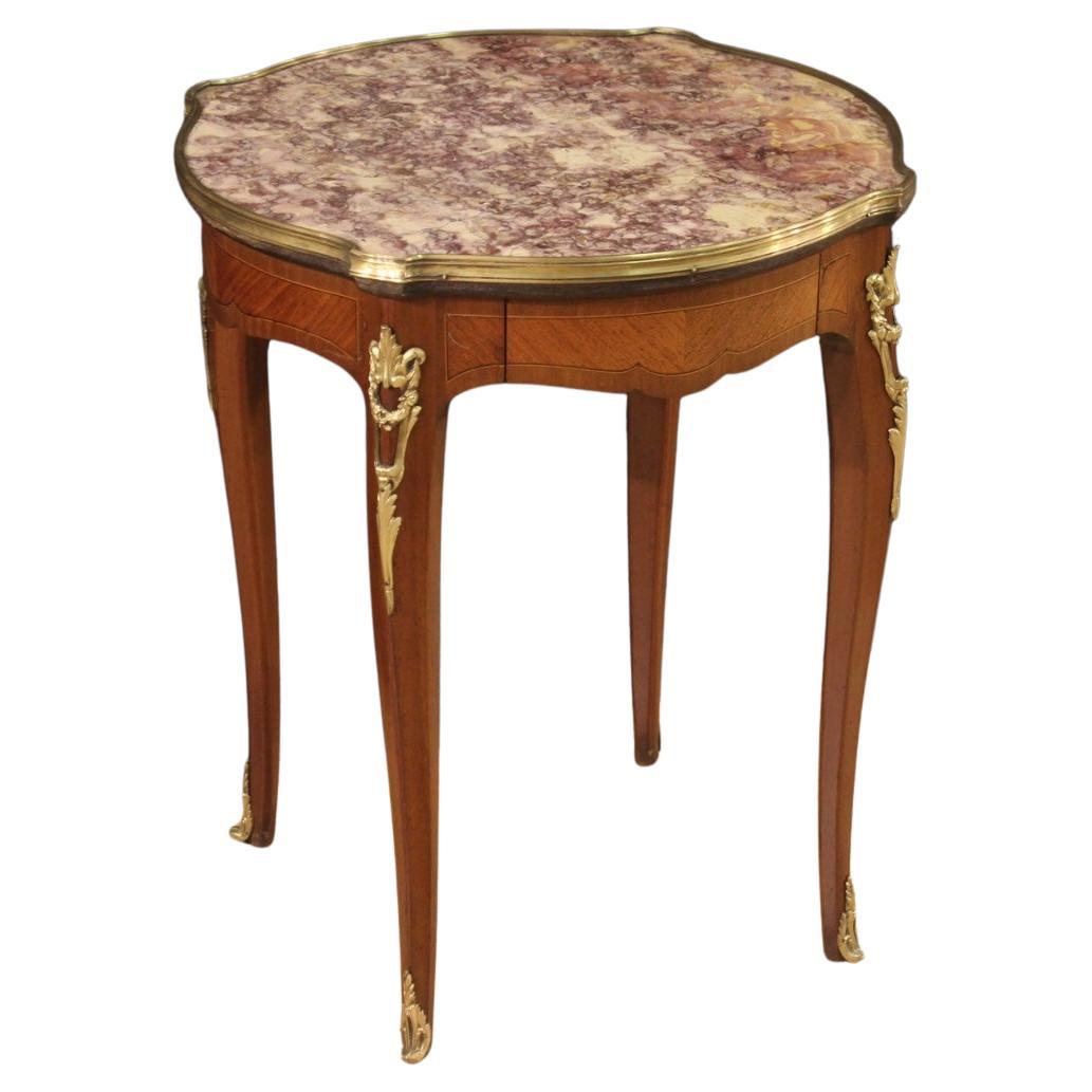 20th Century Inlaid Wood with Marble Top French Side Table, 1950 For Sale