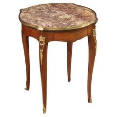 Vintage 20th Century Inlaid Wood with Marble Top French Side Table, 1950