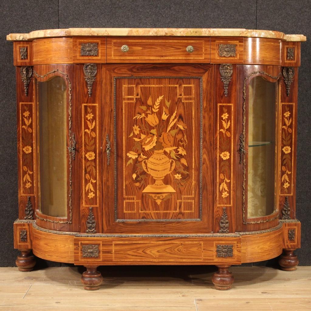 20th Century Inlaid Wood with Marble Top French Sideboard, 1960 In Good Condition In Vicoforte, Piedmont