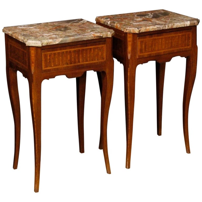 20th Century Inlaid Wood With Marble Top Italian Pair Of Bedside 20th Century Inlaid Wood With Marble Top Italian Pair Of Bedside Tables 1960 For
