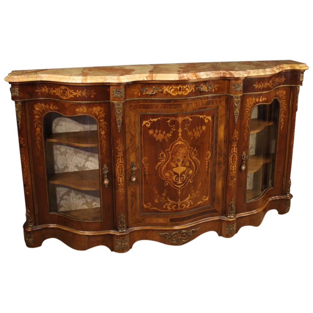 20th Century Inlaid Wood with Marble Top Napoleon III Style French Sideboard