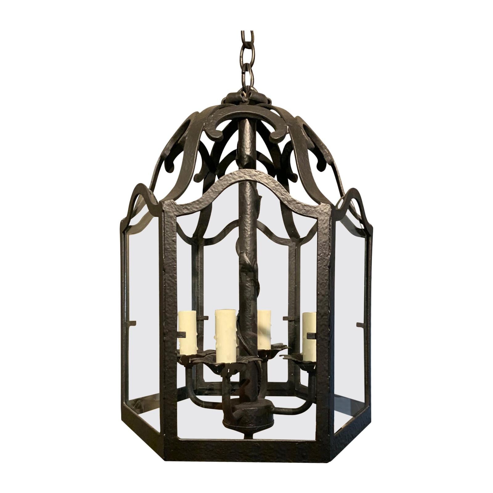 20th Century Iron and Glass Four-Light Lantern