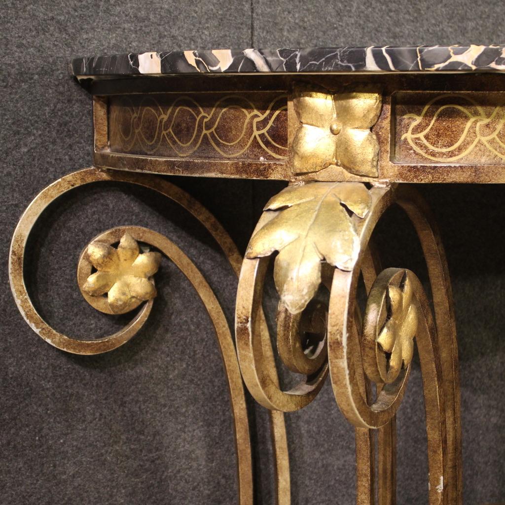 Late 20th Century 20th Century Iron and Marble Top Italian Art Deco Console Table, 1970s For Sale