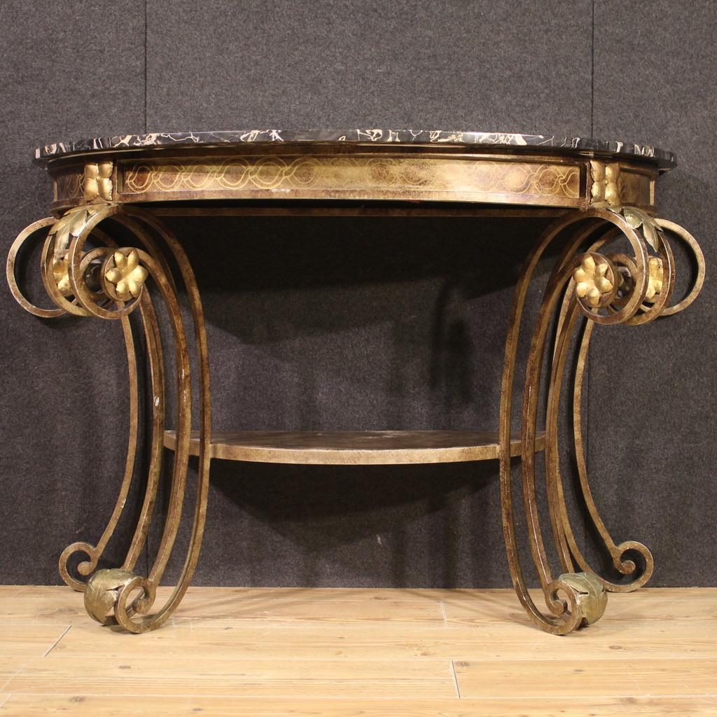 20th Century Iron and Marble Top Italian Art Deco Console Table, 1970s For Sale 1