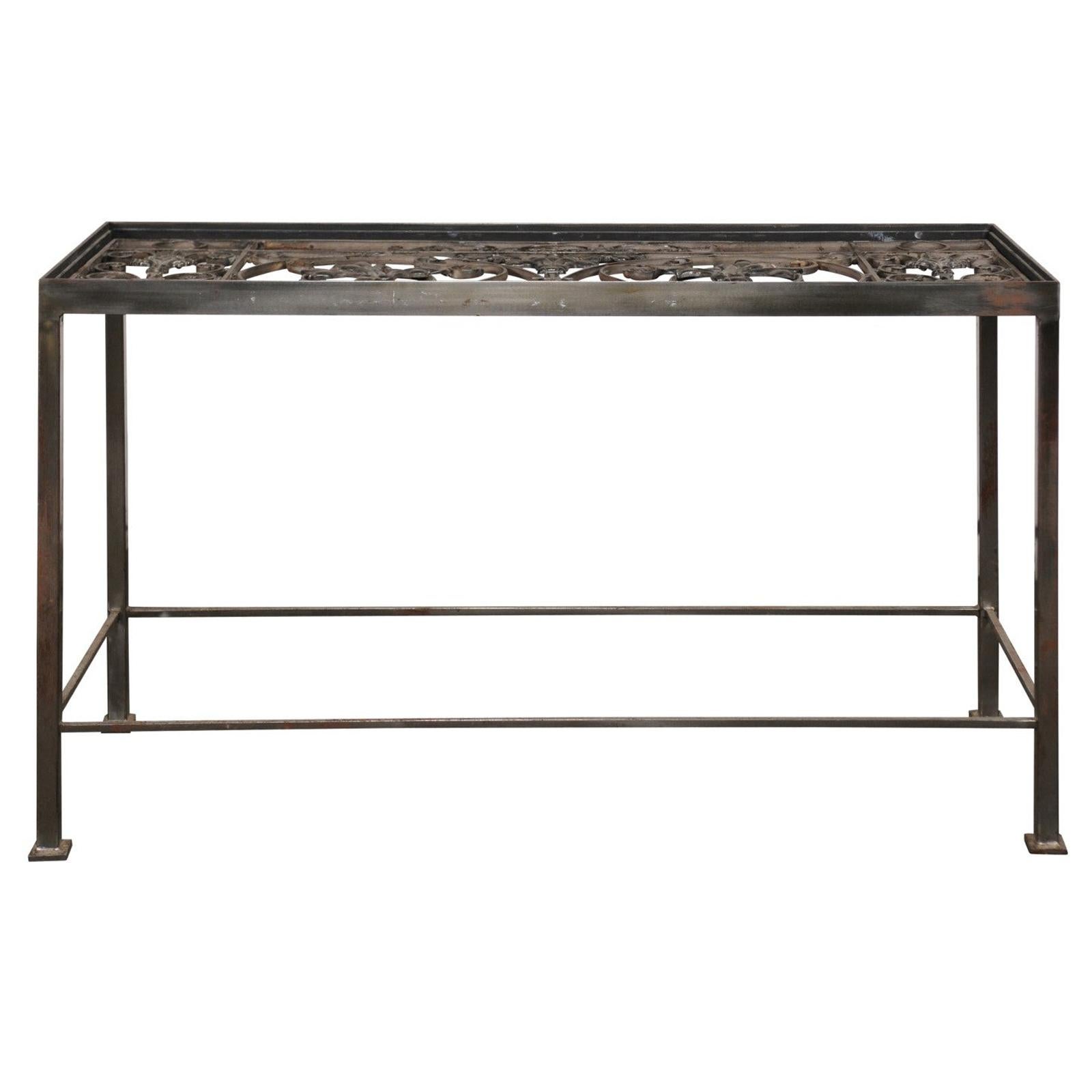 20th Century Iron Console Table with Iron Grate Insert For Sale