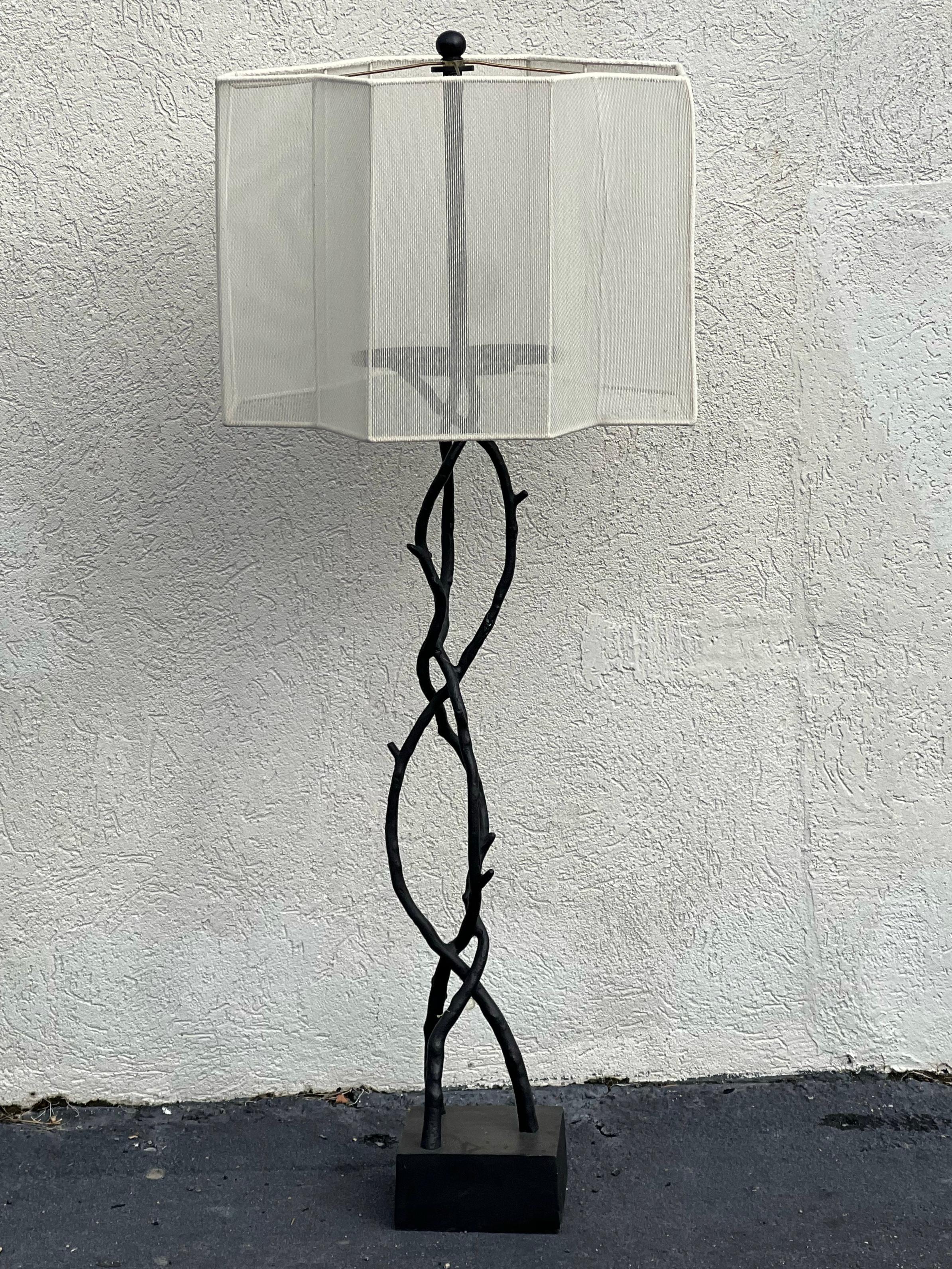 This is a pair of late 20th century iron faux bois or twig from floor lamps with interesting shades. They were candelabras that I had converted, so the wiring is new. They are in very good condition.