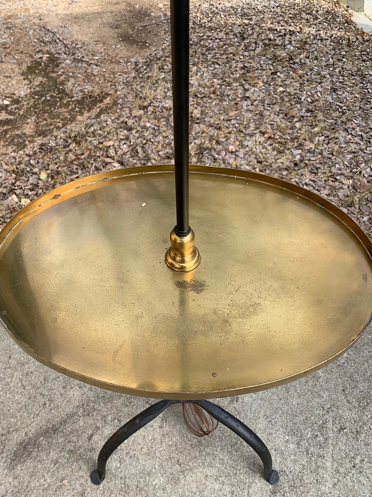 20th Century Iron Floor Lamp with Brass Table, Adjustable Brass Shade In Good Condition In Atlanta, GA
