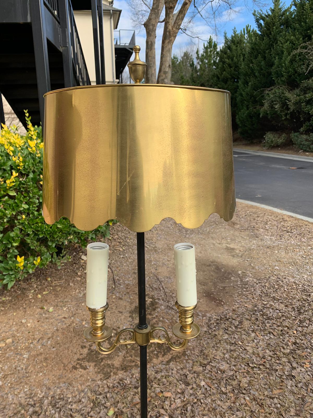 20th Century Iron Floor Lamp with Brass Table, Adjustable Brass Shade 1