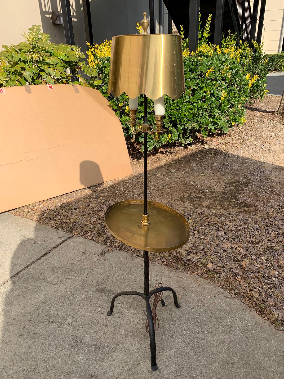 20th Century Iron Floor Lamp with Brass Table, Adjustable Brass Shade 3