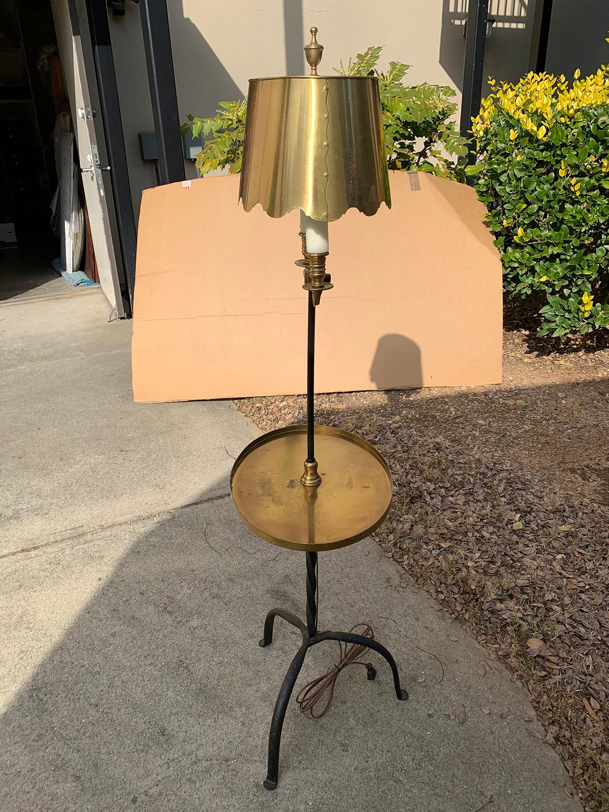 20th Century Iron Floor Lamp with Brass Table, Adjustable Brass Shade 4