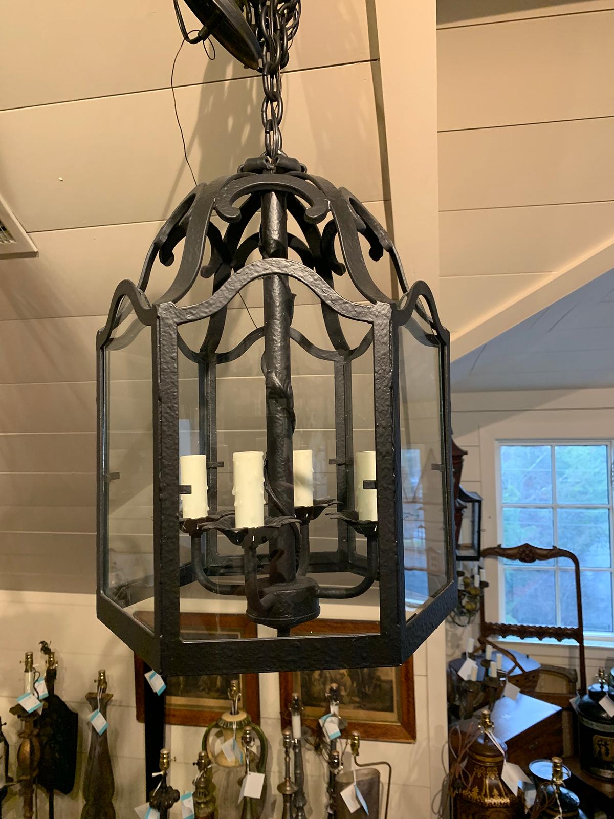 20th century iron and glass four-light lantern
new wiring.