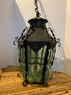 20th Century Iron Hanging One-Light Lantern with Green Blown Glass
