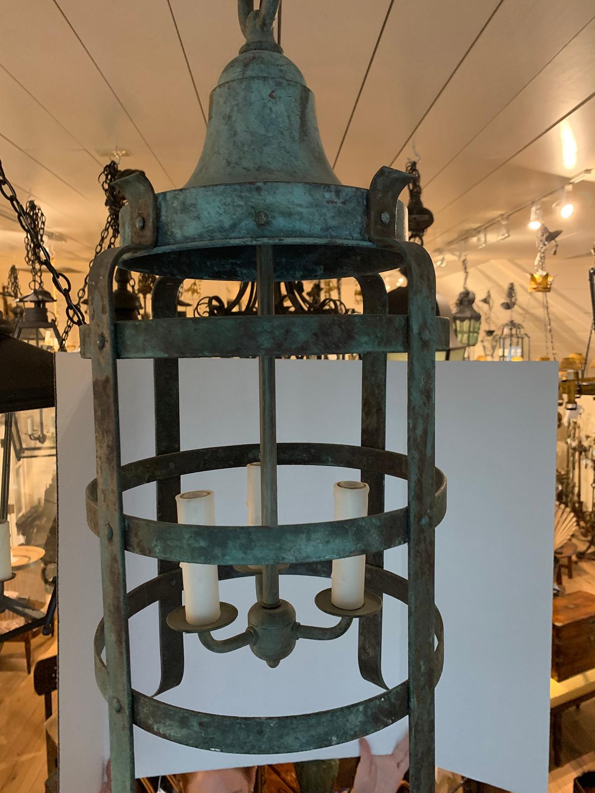 20th Century Iron Three-Light Lantern with Worn Celadon Finish In Good Condition For Sale In Atlanta, GA