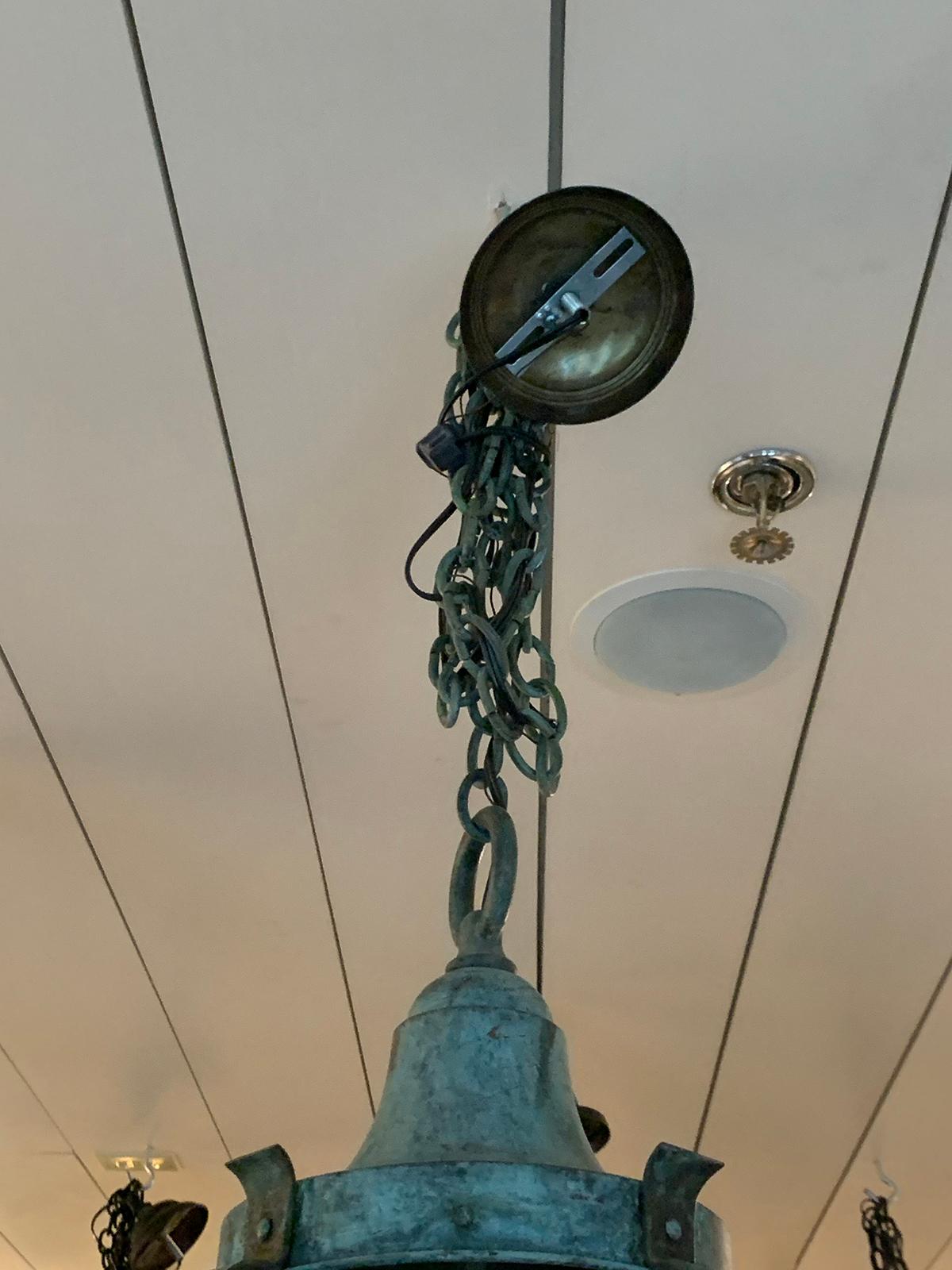 20th Century Iron Three-Light Lantern with Worn Celadon Finish For Sale 6