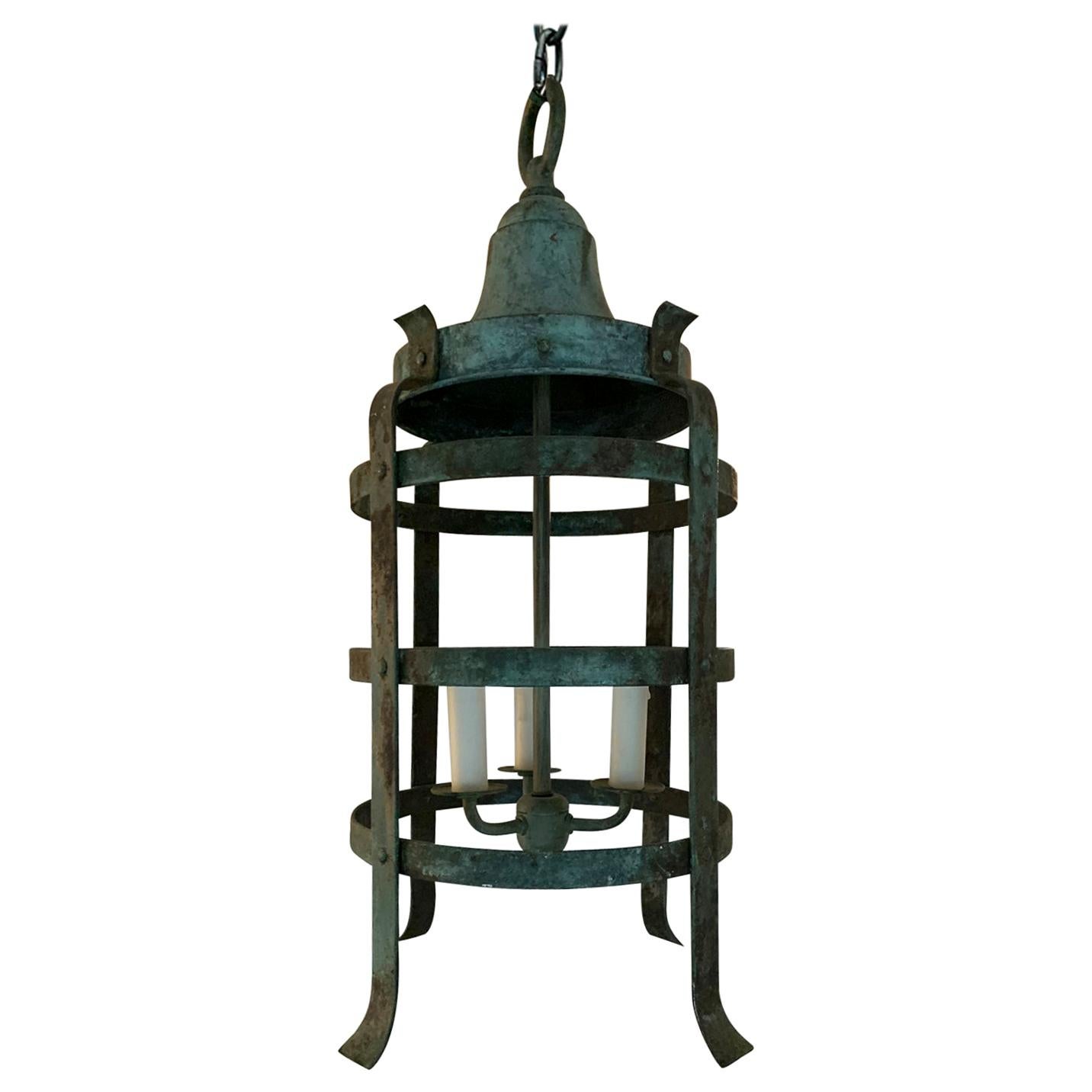 20th Century Iron Three-Light Lantern with Worn Celadon Finish For Sale