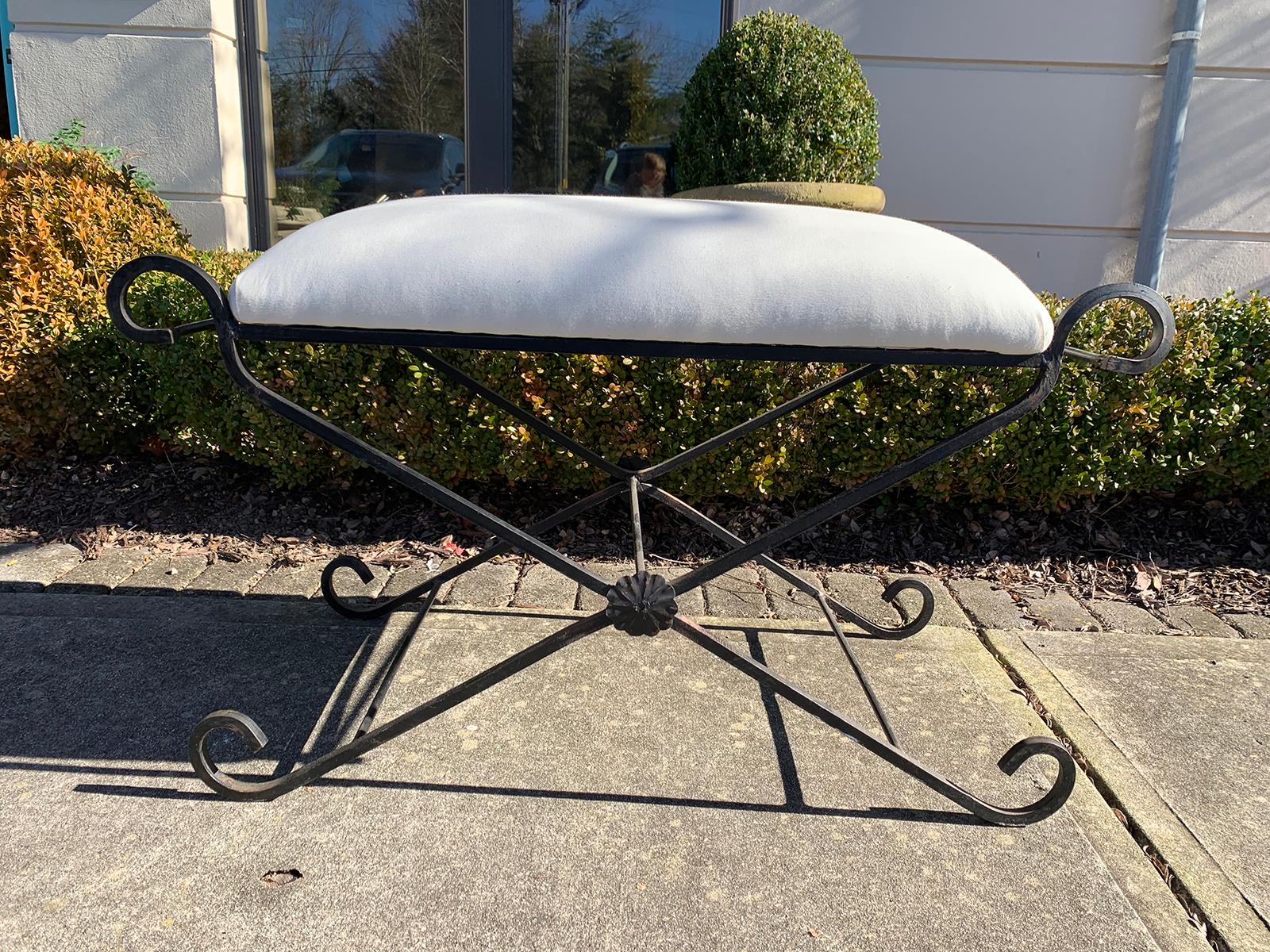 20th century iron X bench, possibly Salterini. 
Recently recovered in muslin.