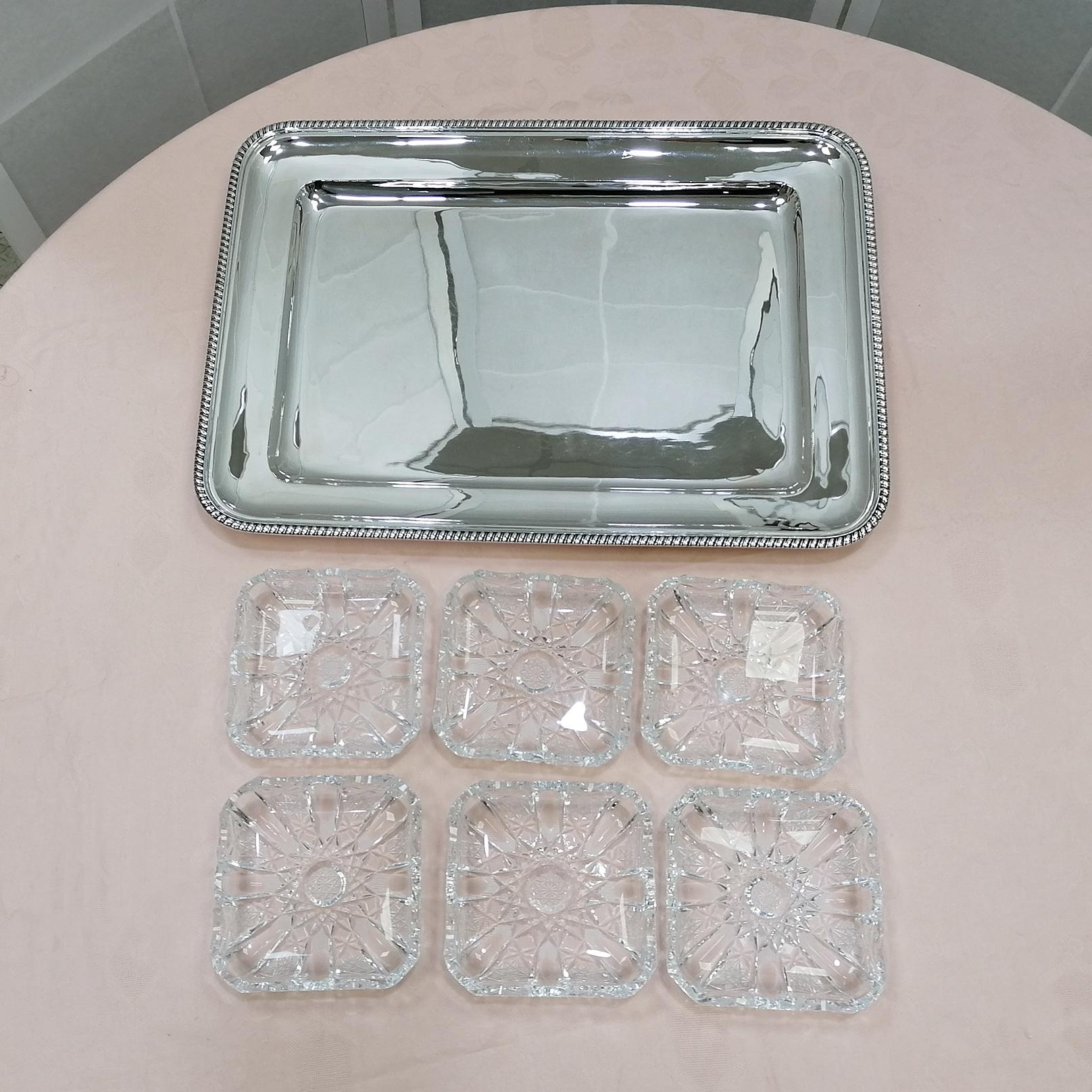 20th Century Italia Solid Silver Appetizer Tray with 6 Crystals For Sale 7