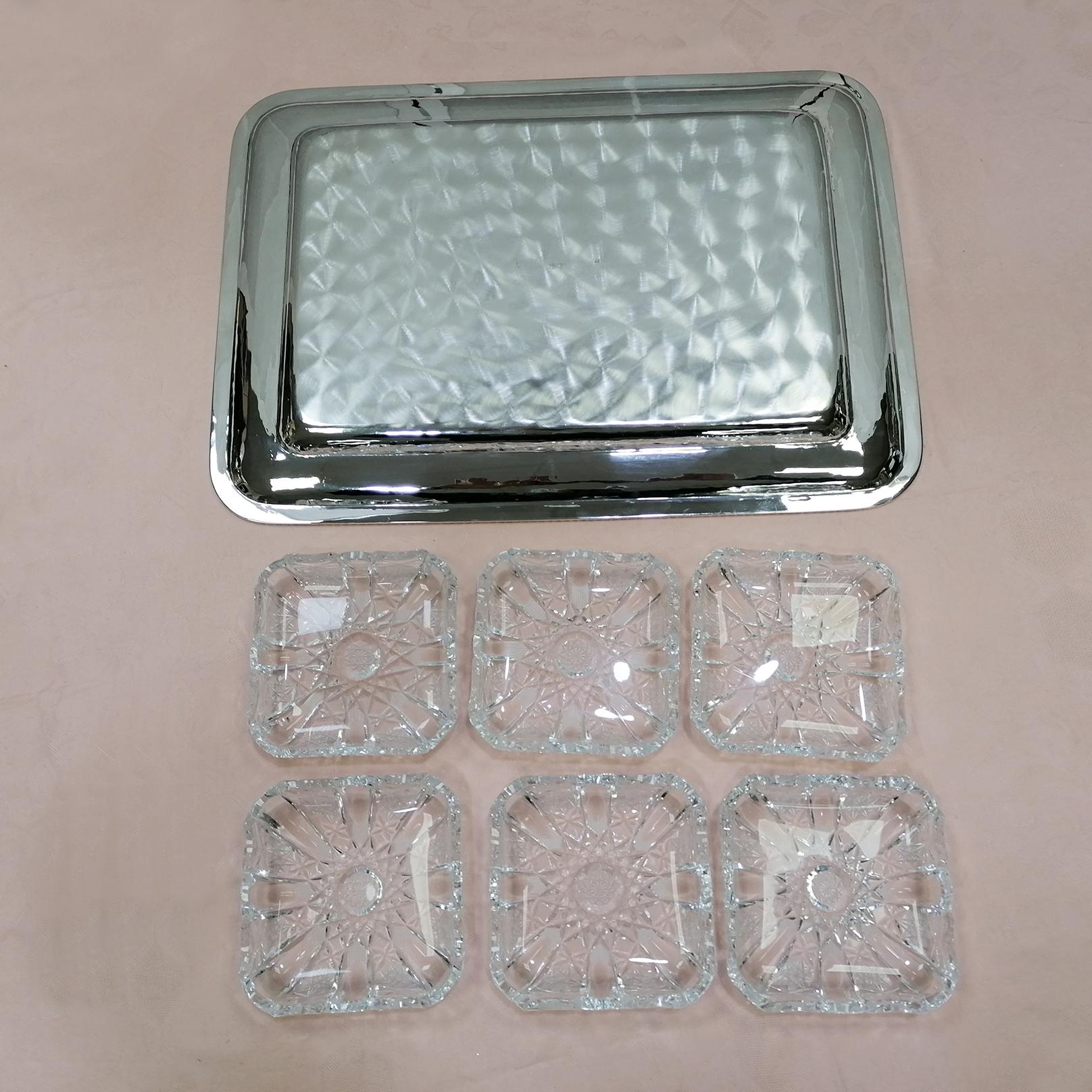 20th Century Italia Solid Silver Appetizer Tray with 6 Crystals For Sale 8