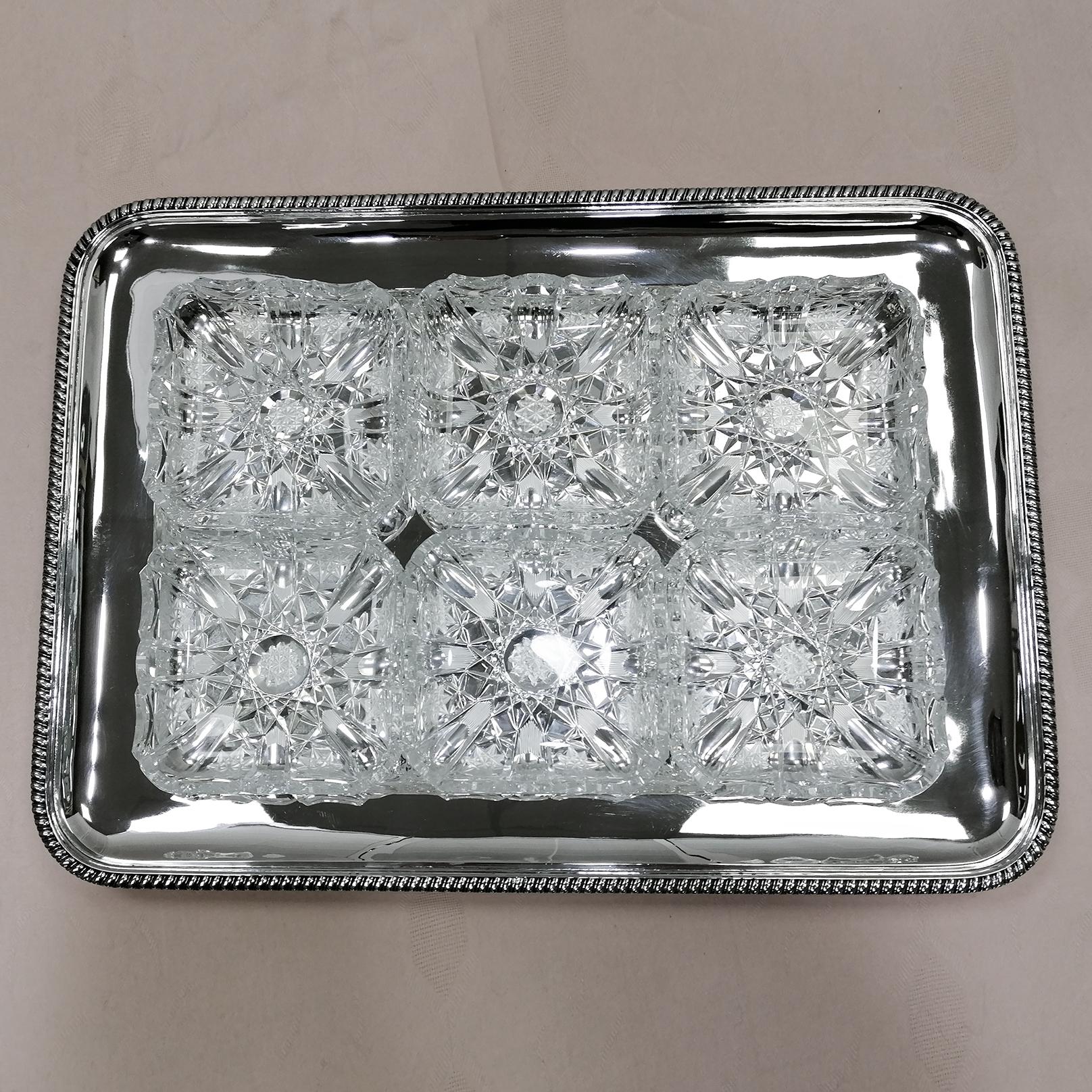 Other 20th Century Italia Solid Silver Appetizer Tray with 6 Crystals For Sale