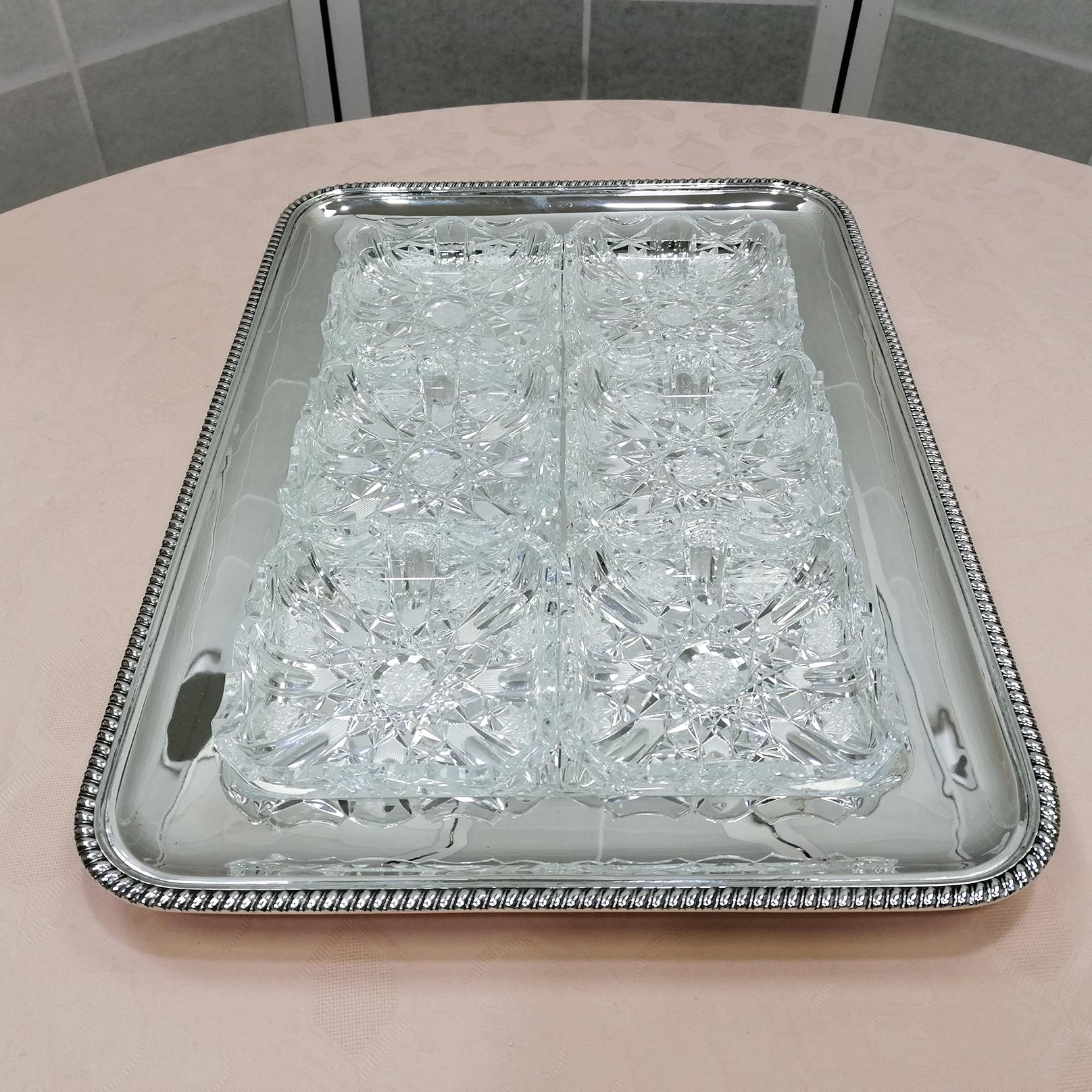 Mid-20th Century 20th Century Italia Solid Silver Appetizer Tray with 6 Crystals For Sale