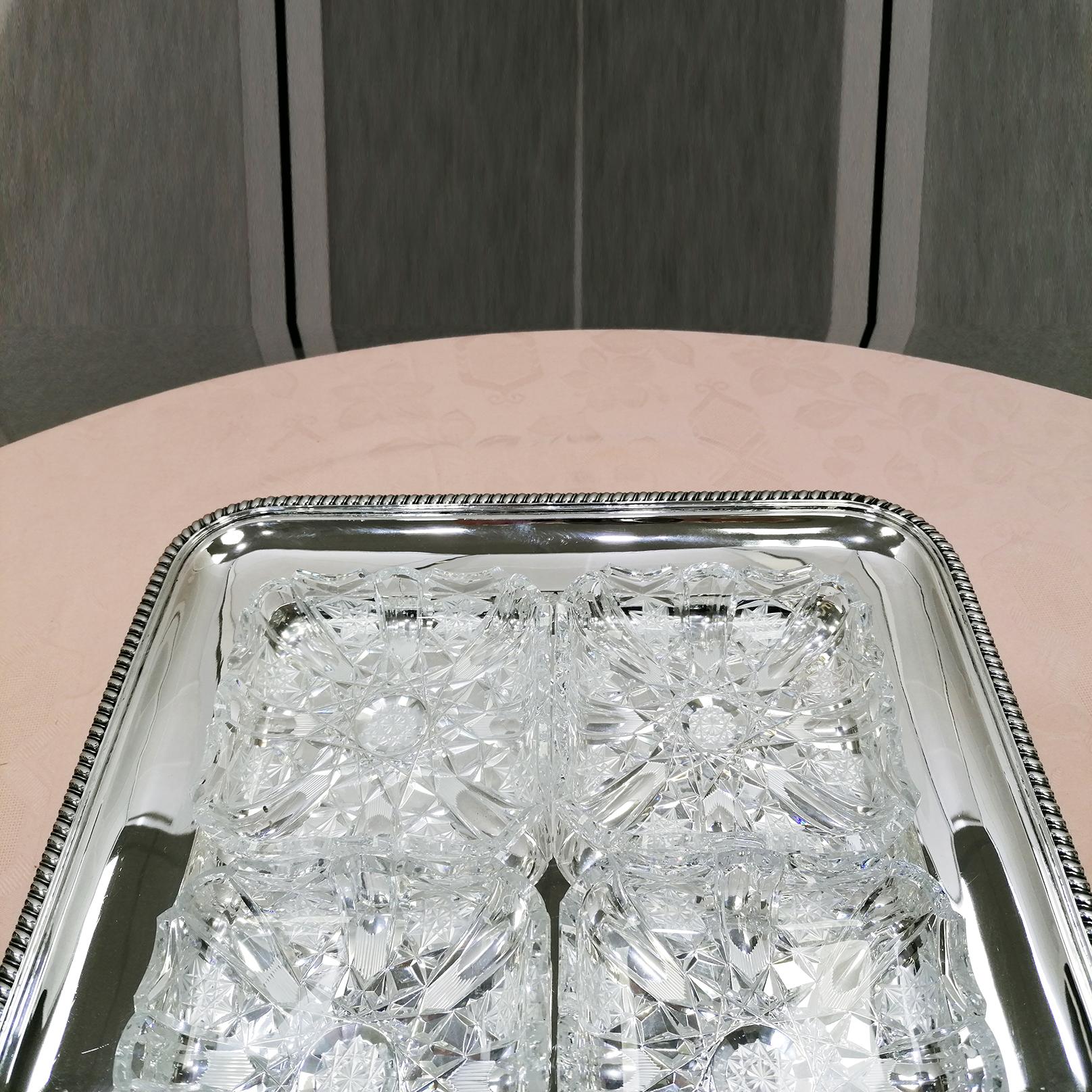 20th Century Italia Solid Silver Appetizer Tray with 6 Crystals For Sale 1