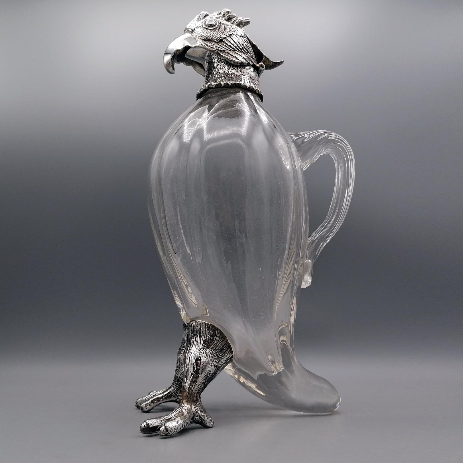 Italian 20th Century Italia Solid Silver-Cristal Jug with the Shape of a Parrot For Sale
