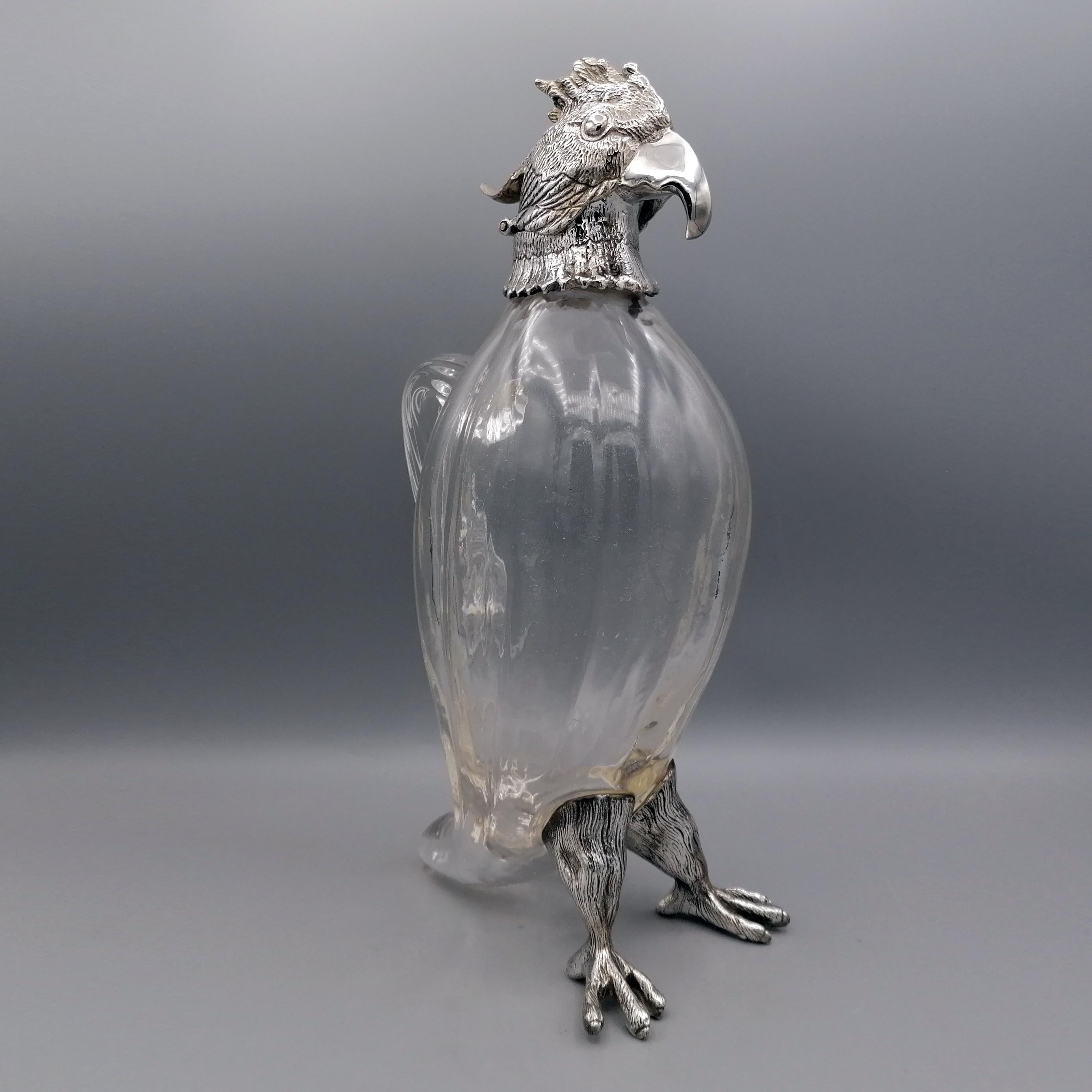 Crystal 20th Century Italia Solid Silver-Cristal Jug with the Shape of a Parrot For Sale