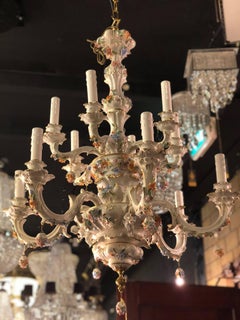 20th Century Italian 12 Lights Porcelain Chandelier with Flowers and Gold Detail