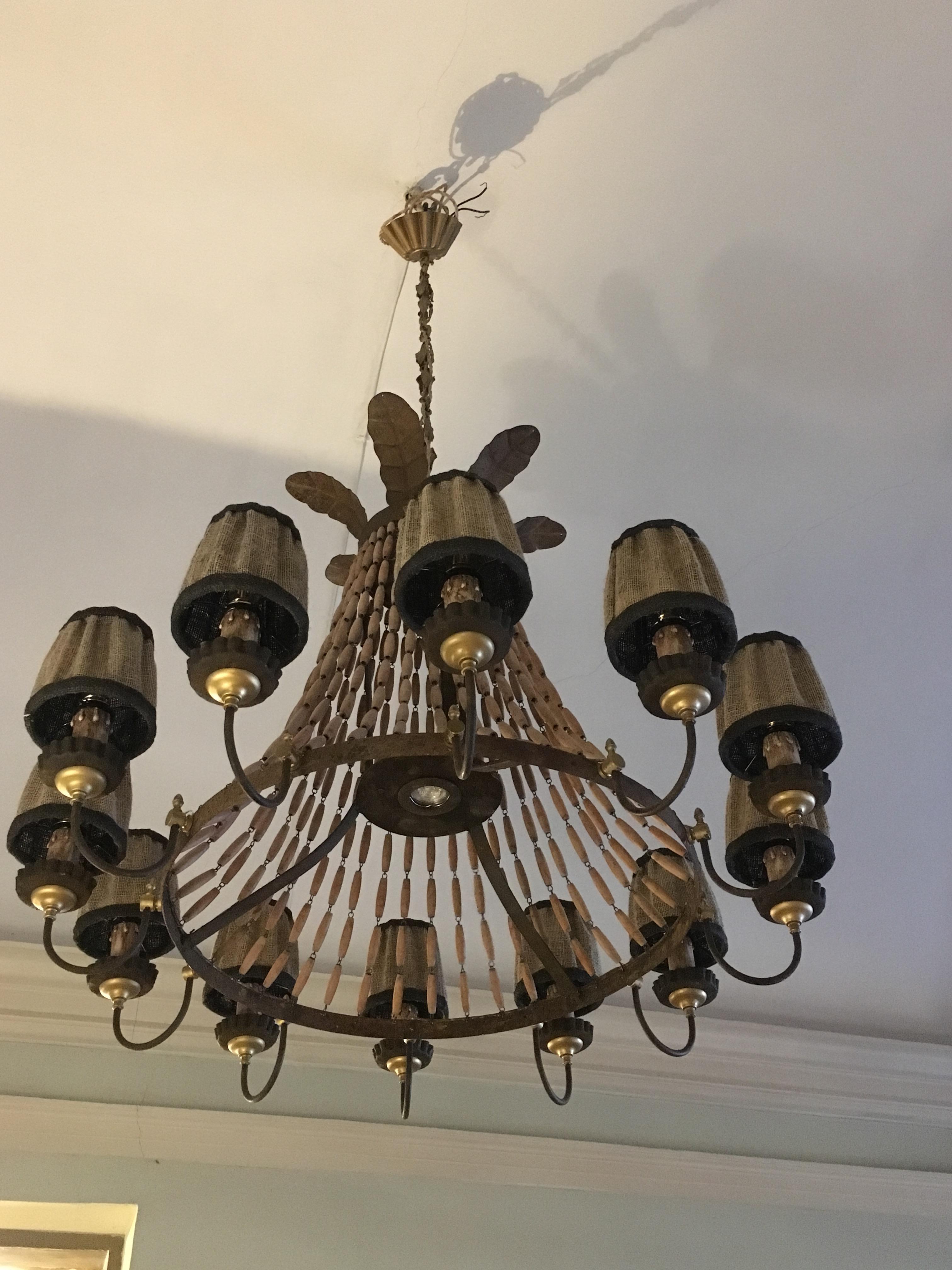 Neoclassical 20th Century Italian 12 Lights Rust Iron Chandelier with Wooden Chains