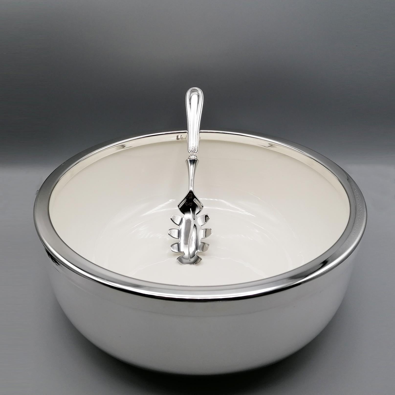 Other 20th Century Italian 800 Silver Spaghetti Bowl with Ceramic and Silver Spoon For Sale