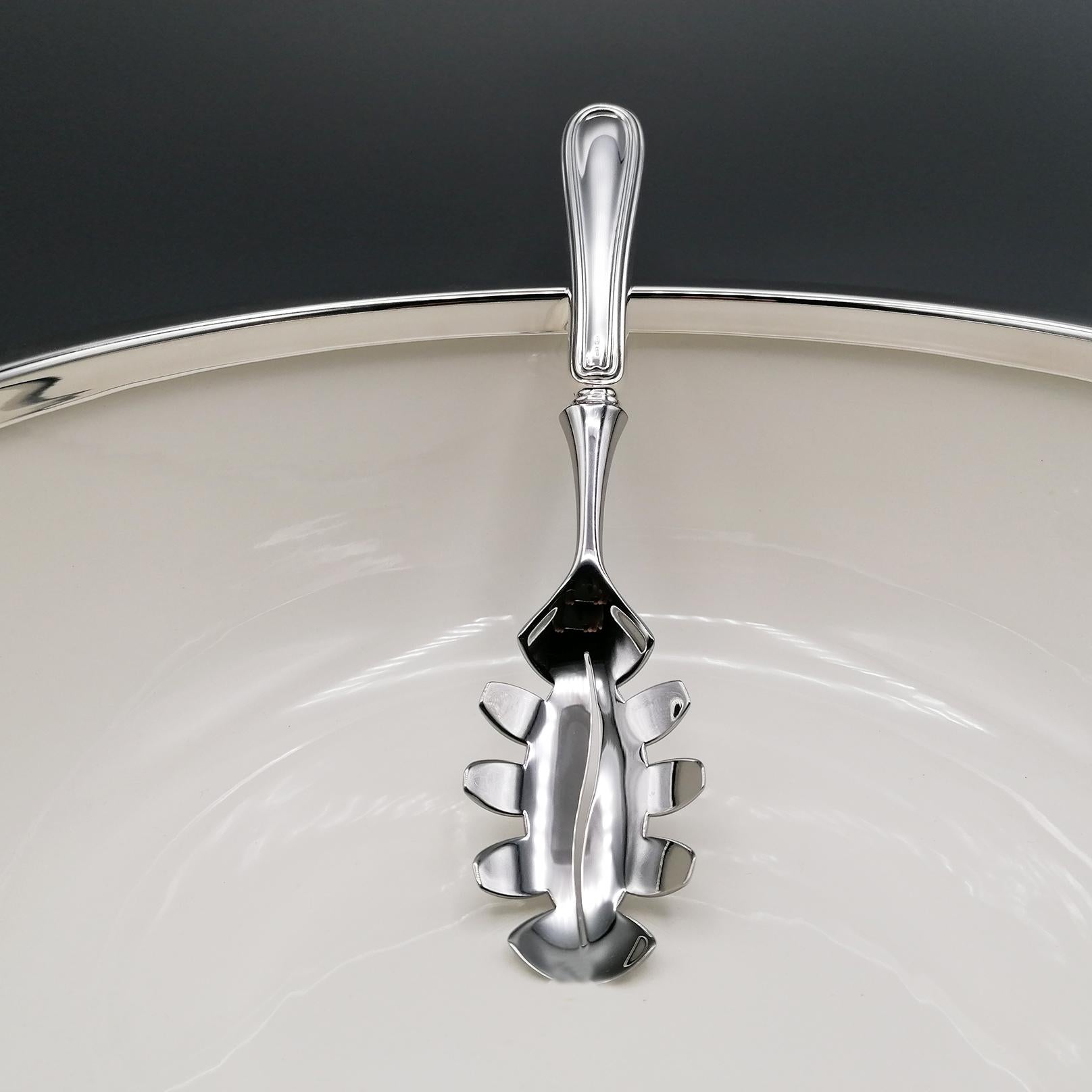 Hand-Crafted 20th Century Italian 800 Silver Spaghetti Bowl with Ceramic and Silver Spoon For Sale