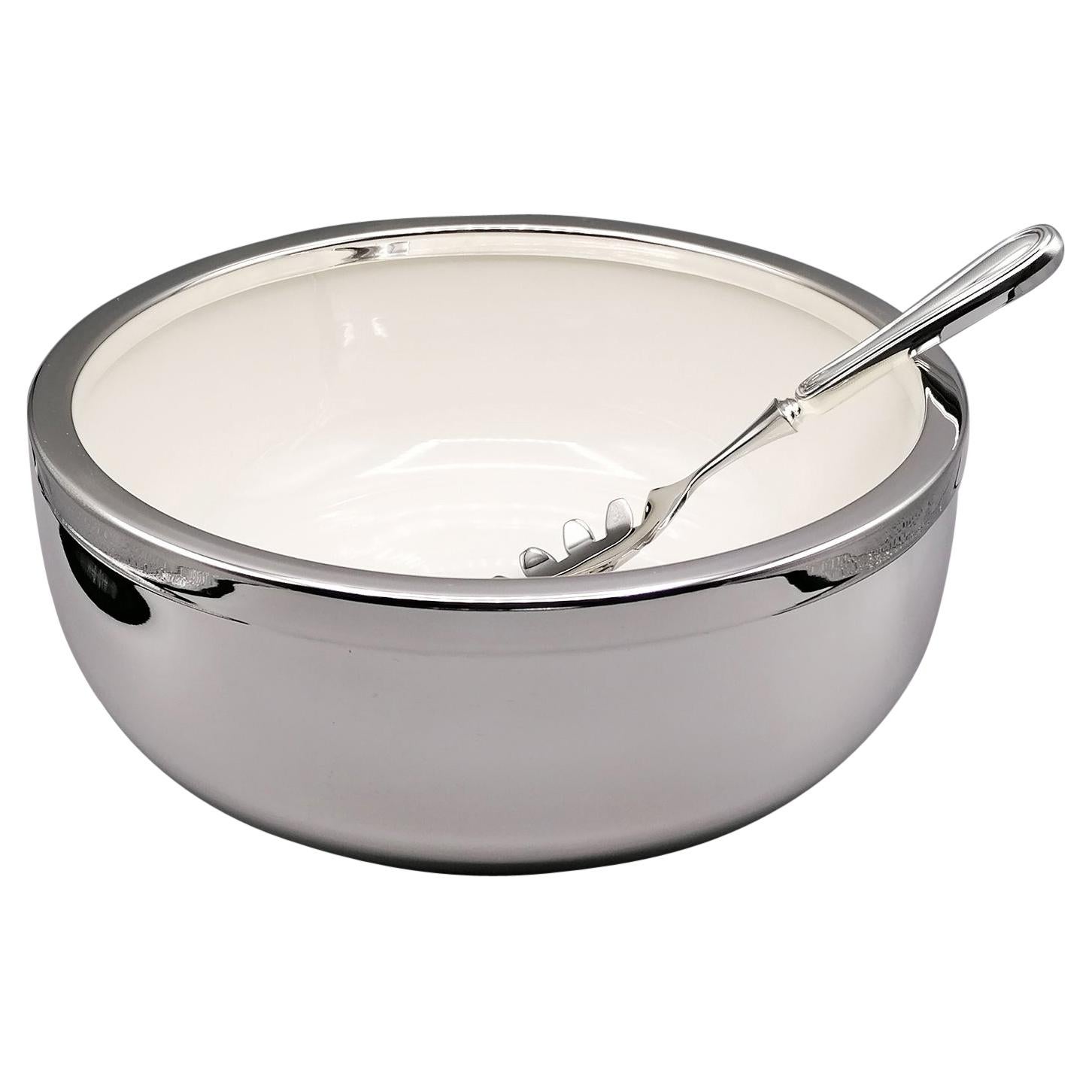 20th Century Italian 800 Silver Spaghetti Bowl with Ceramic and Silver Spoon