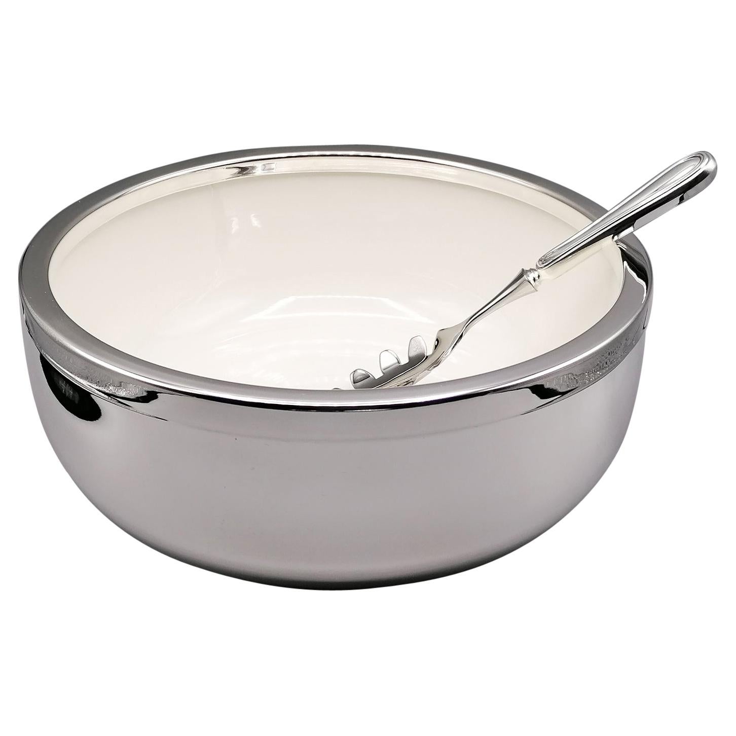 Spaghettiera in argento 800 del XX secolo con cucchiaio in ceramica e argento