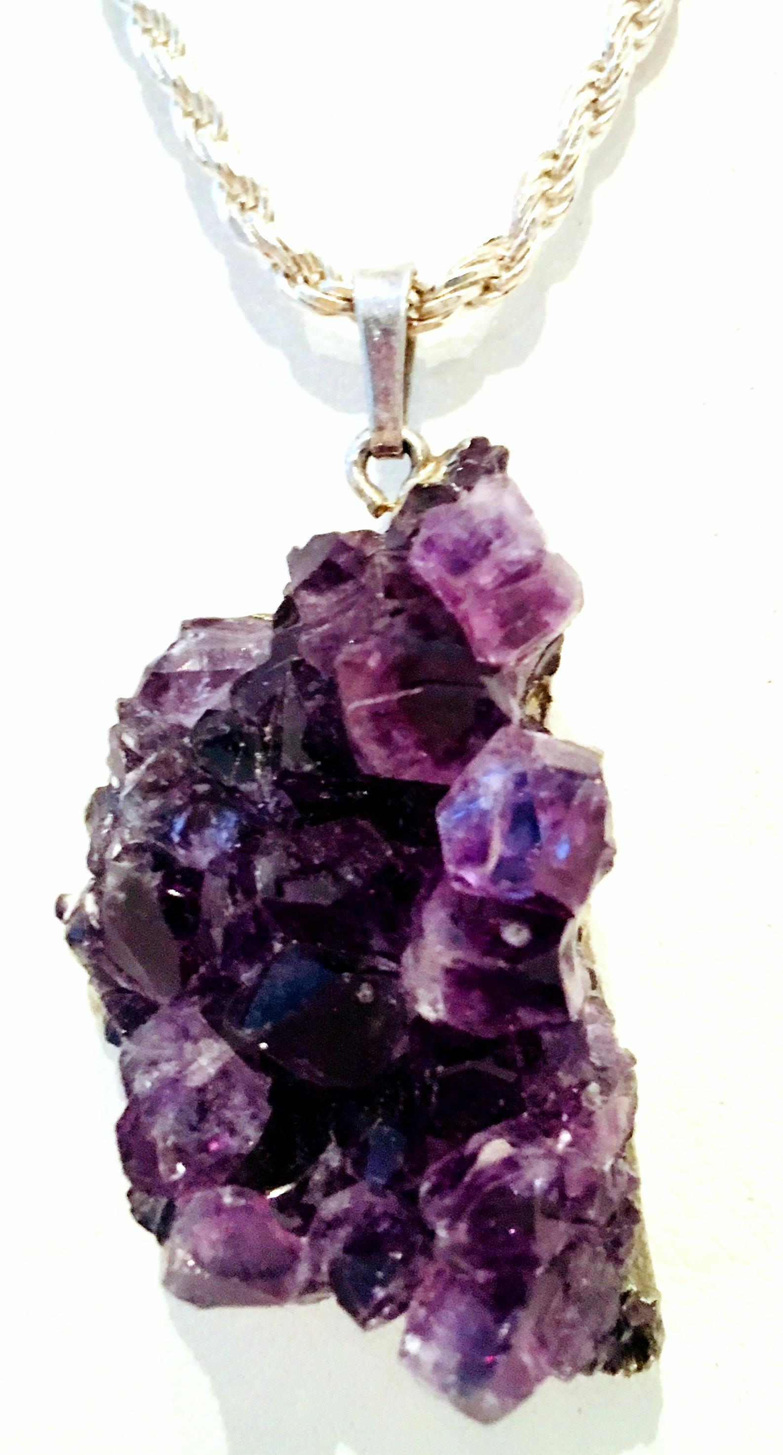 20th Century Italian 925 Sterling & Natural Amethyst Geode Pendant Necklace. In Good Condition For Sale In West Palm Beach, FL