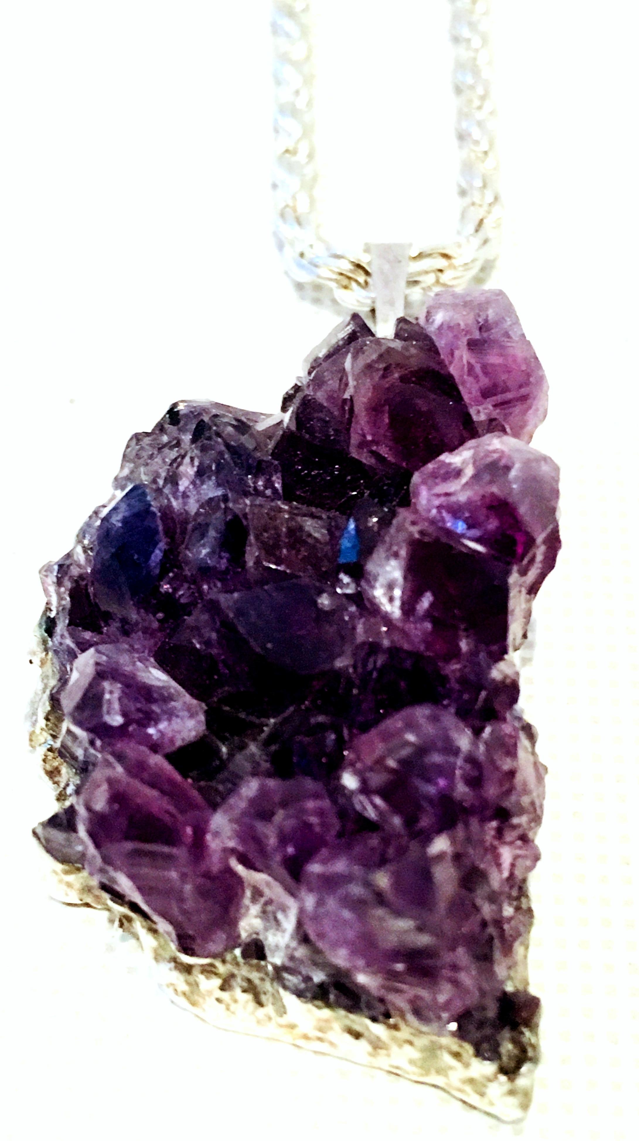 Women's or Men's 20th Century Italian 925 Sterling & Natural Amethyst Geode Pendant Necklace. For Sale