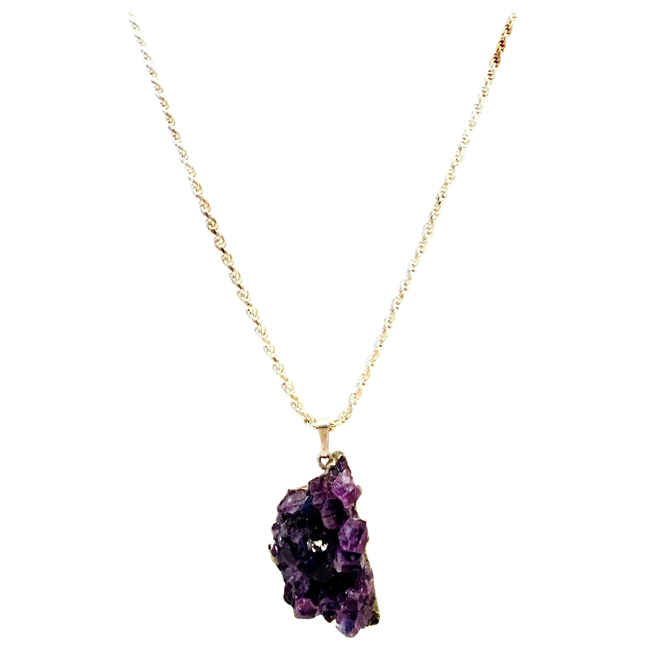 20th Century Italian 925 Sterling & Natural Amethyst Geode Pendant Necklace. For Sale