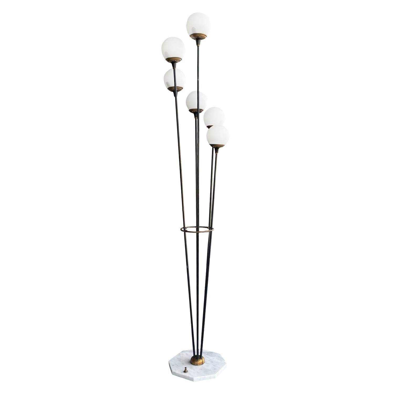 Frosted 20th Century Italian Alberello Marble, Opaline Glass Floor Lamp by Stilnovo For Sale