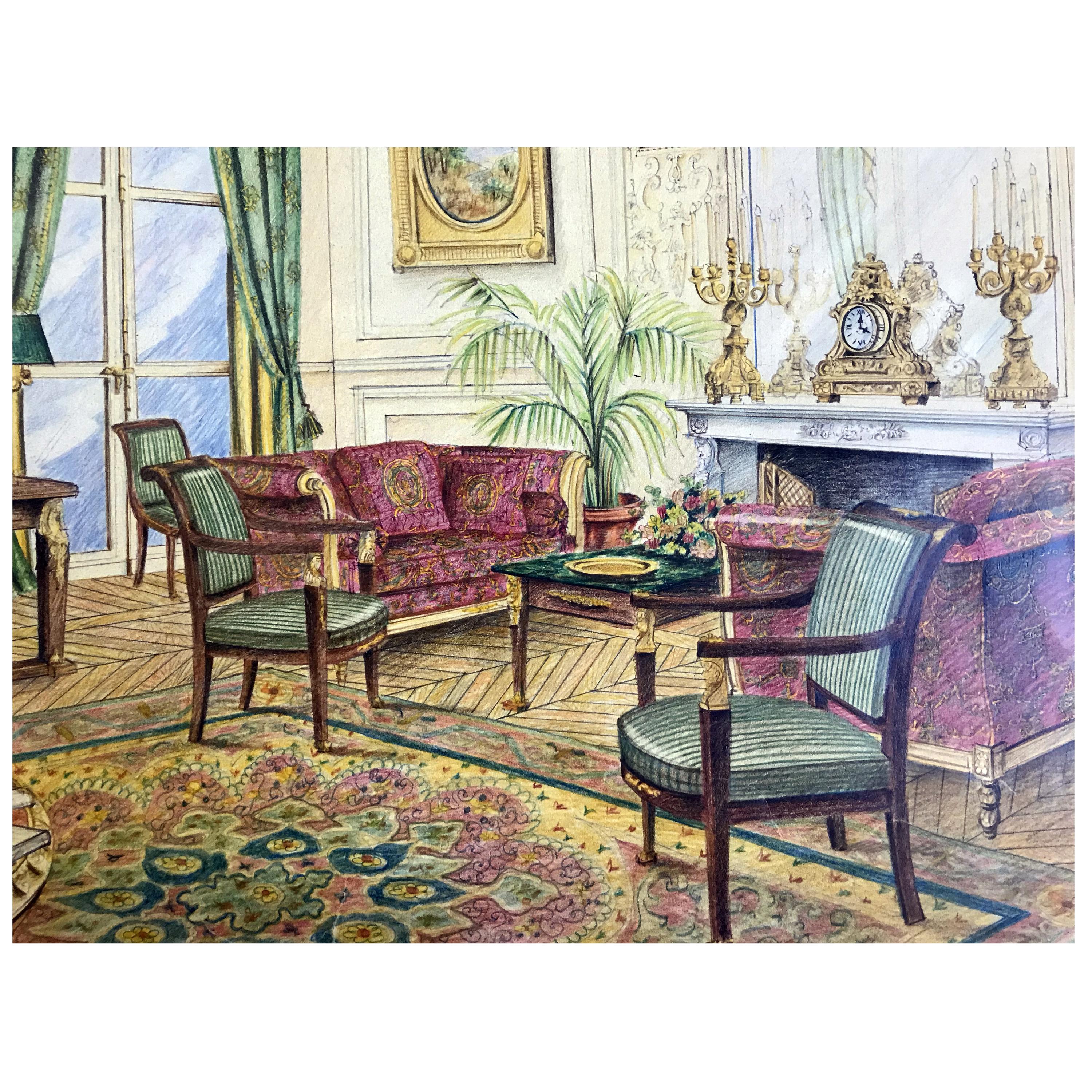 20th Century Italian Architectural Original Executive Sketch Hotel Ritz Paris For Sale