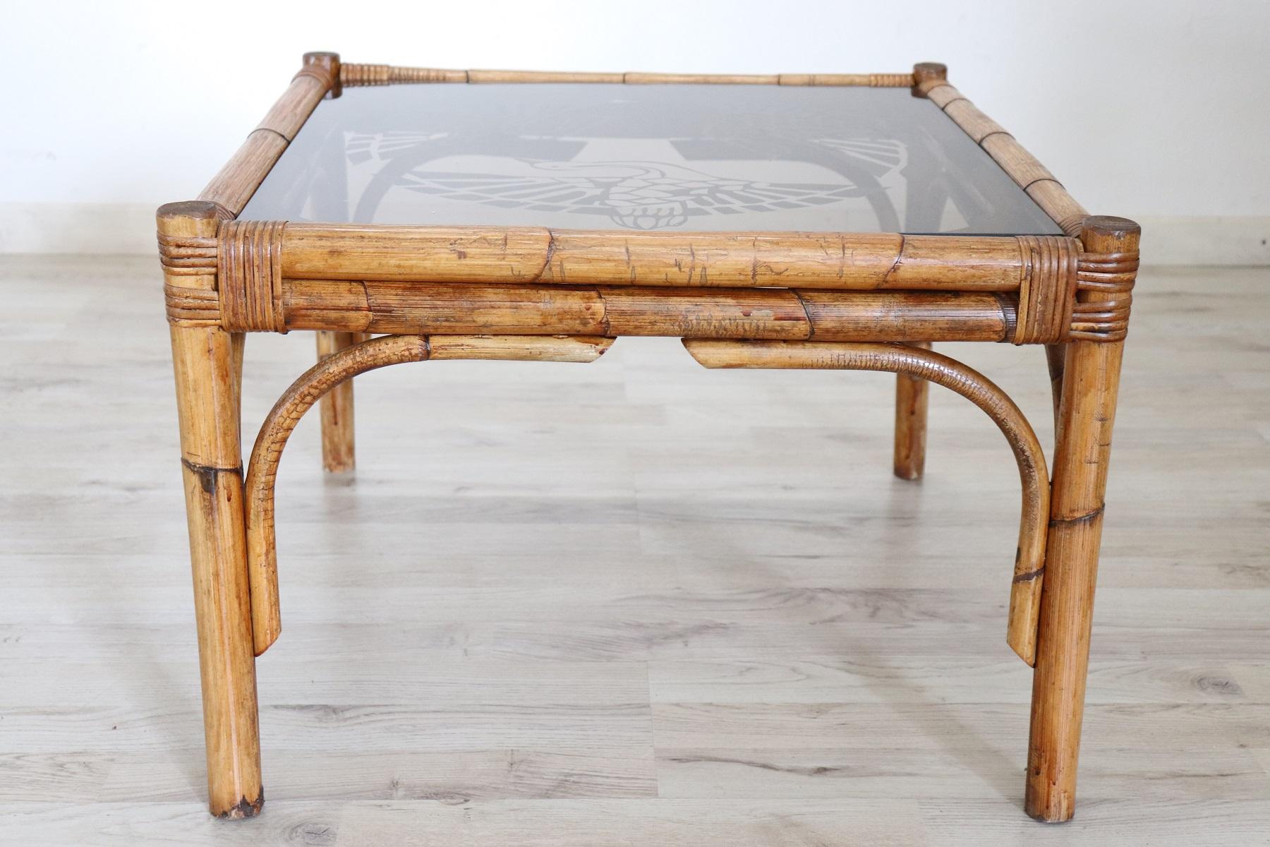 Mid-20th Century 20th Century Italian Art Deco Bamboo and Decorated Glass Sofa Table, Side Table