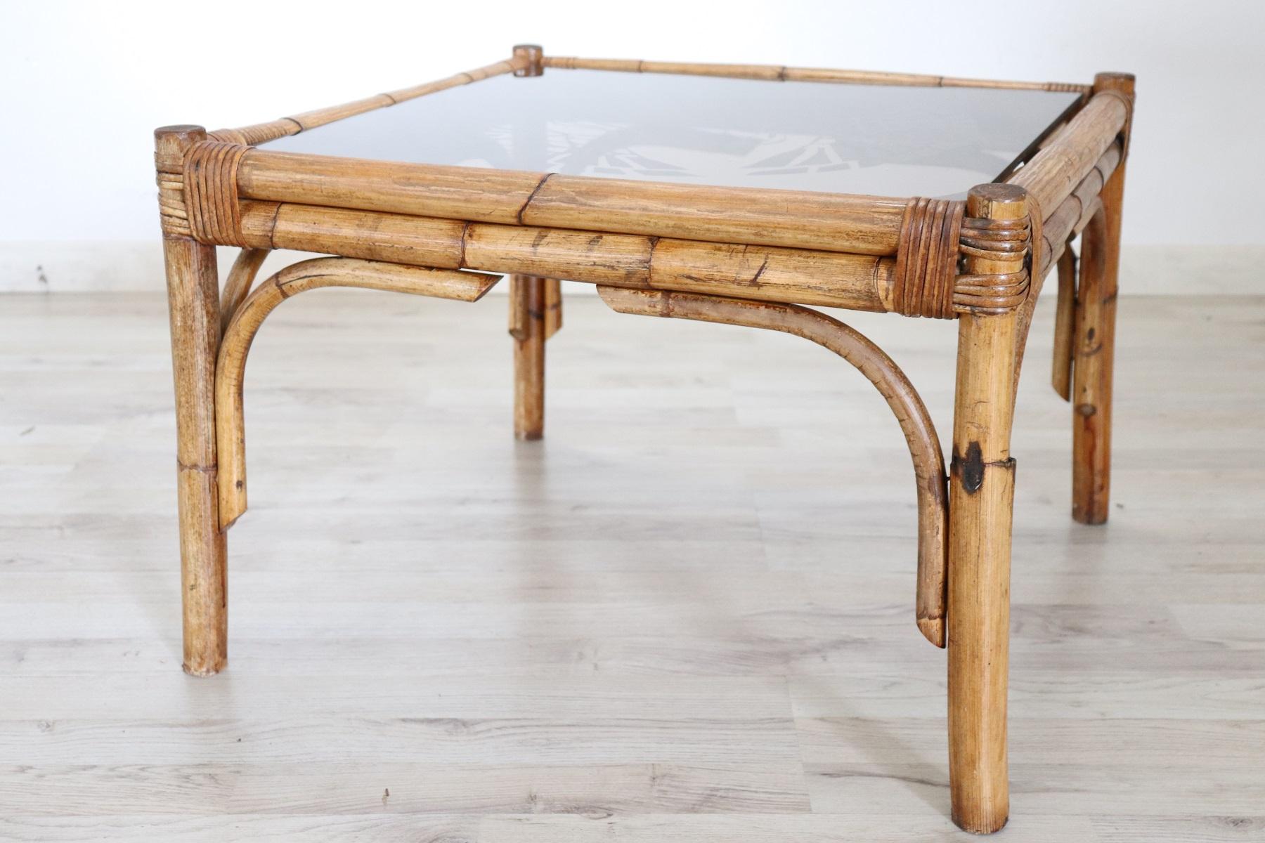 20th Century Italian Art Deco Bamboo and Decorated Glass Sofa Table, Side Table 1